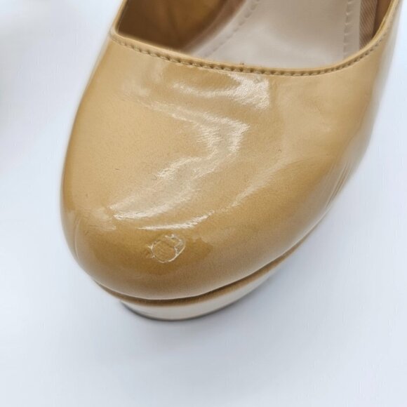 Aldo Nude/Tan Round Toe Platform High Heel Pump, Patent Vegan Leather, Size 36 - Picture 7 of 15